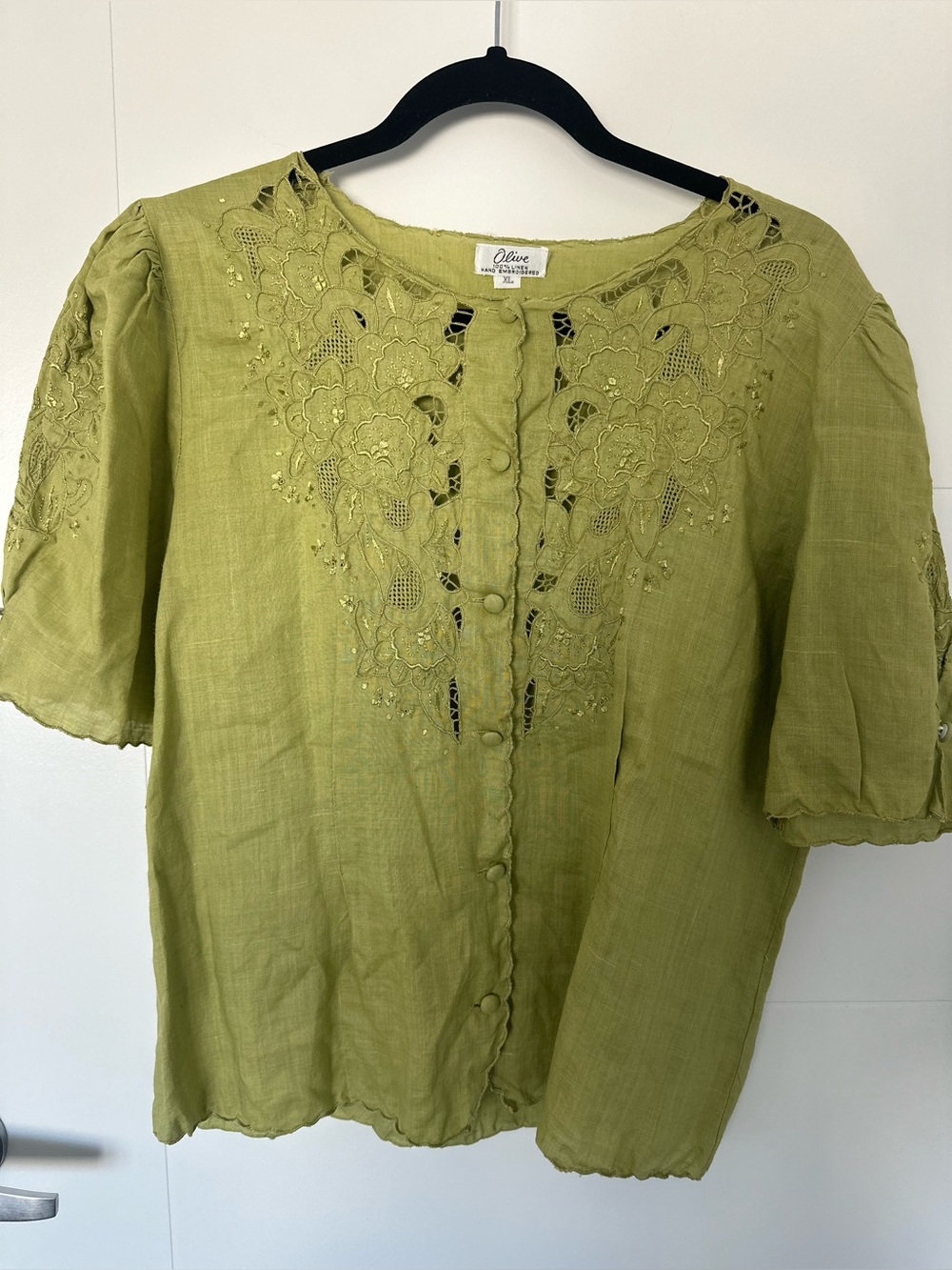 100% Linen Olive Hand Embroidered Button-Front Blouse